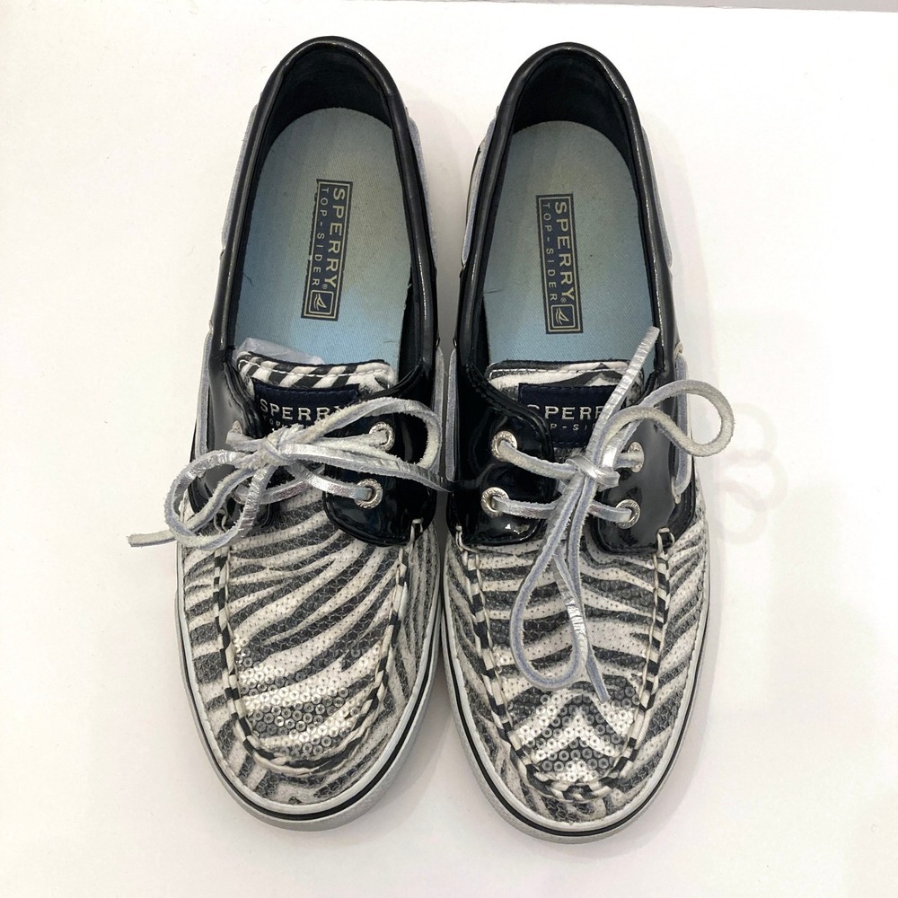 Sperry Top Sider Zebra Print‎ Sequin Boat Shoes Womens 6.5 Black White